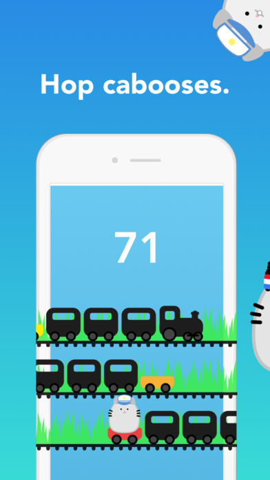 Gameplay screenshot: Poos hopping cabooses with a score of 71